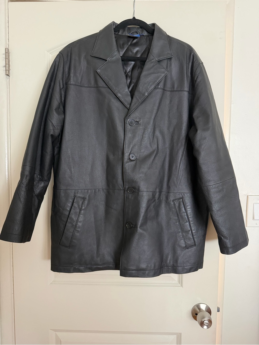 Men's Black Leather Coat - Classic Button-Front